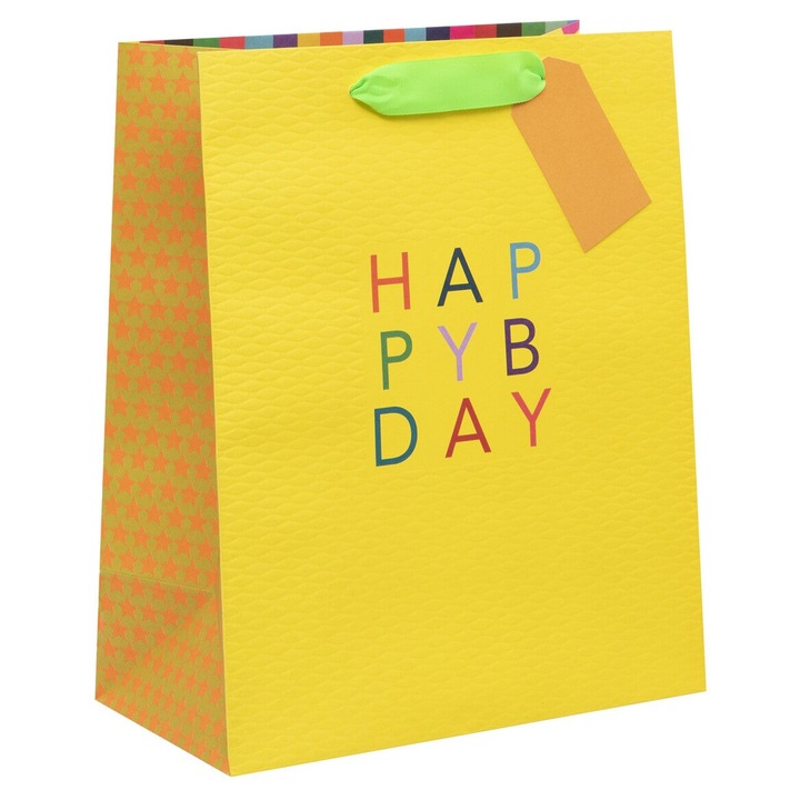 Punga cadou - Happy B-Day - Galben - Mare, Uni, 31.5 x 26 cm