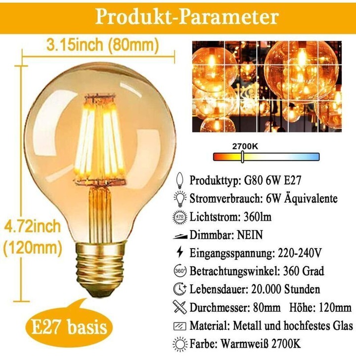 3 db vintage LED izzó készlet E27 G80, meleg fény, 6W, borostyán üveg