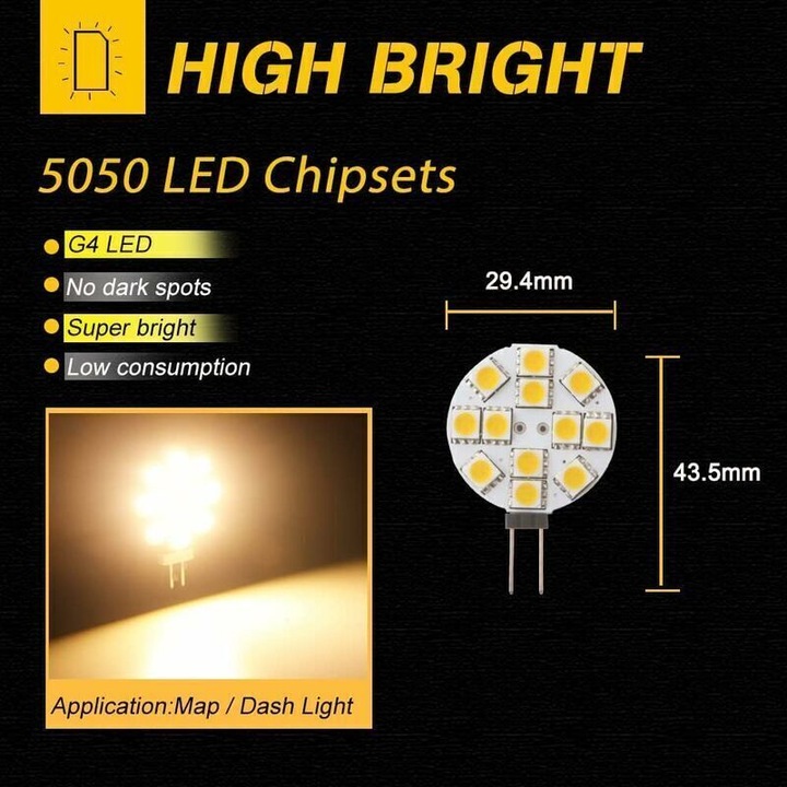 10 db G4 LED izzó készlet 2W 2700K meleg fehér 12V 180°