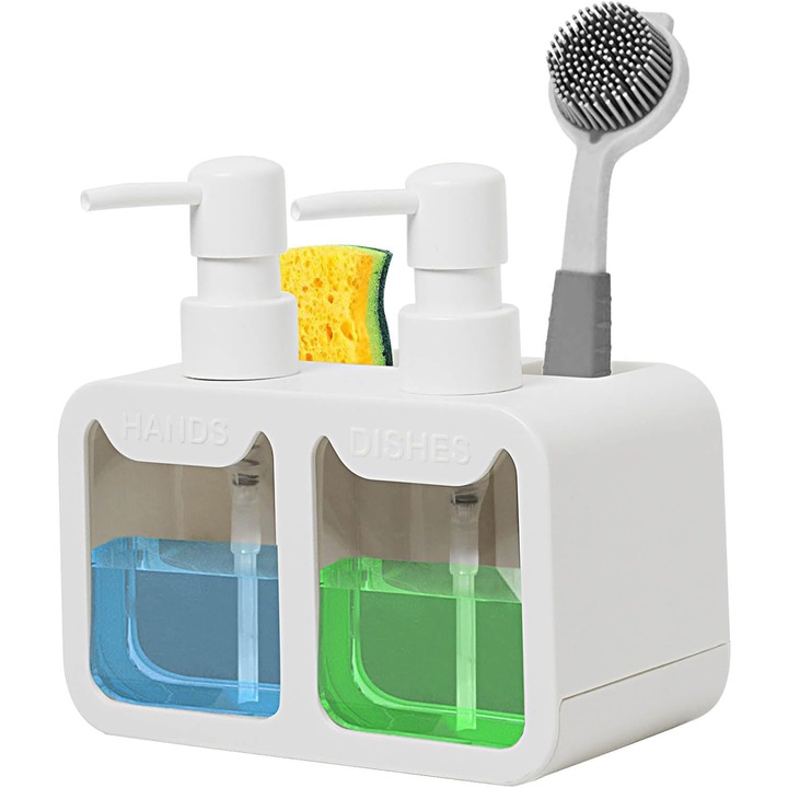 Dozator de Detergent de Vase, Ultrixe, Organizator Pentru Chiuveta de Bucatarie,2 Dozatoare de Sapun 4 in 1 cu Tava de Scurgere, Alb