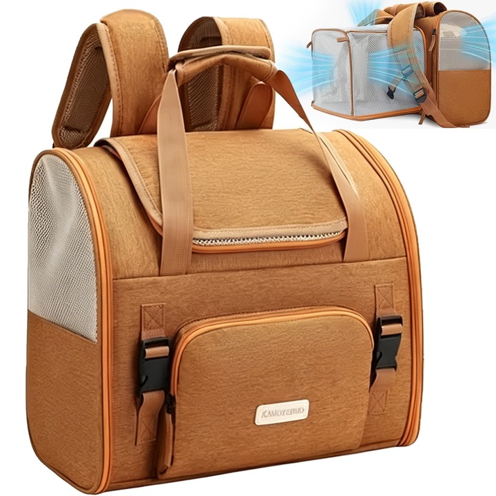 Rucsac Transport Animale de Companie, Extensibil, cu maner, cu geam transparent, Geanta de transport animale mici, pentru caini, pisici, iepuri, 42x40x26cm, Portocale