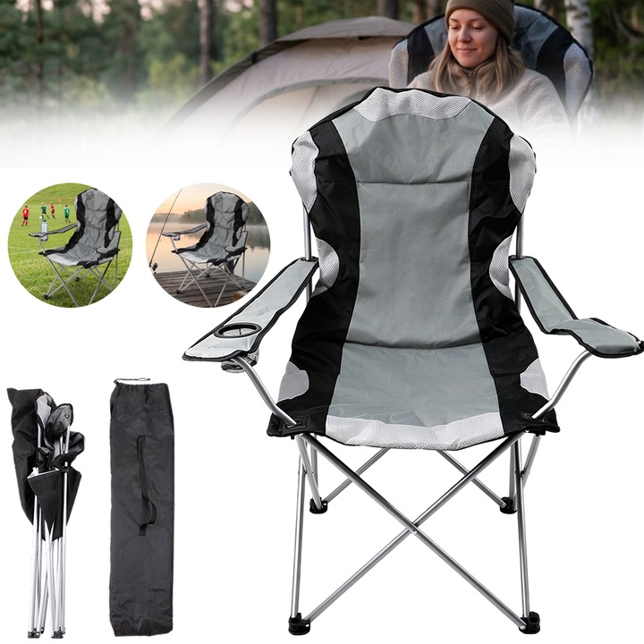 Scaun de camping pliabil pentru adulti, Bedee, Scaun de exterior cu spatar inalt, captusit, cu suport lombar si suport pentru pahare, scaun de camping portabil, capacitate de greutate 150 kg, gri