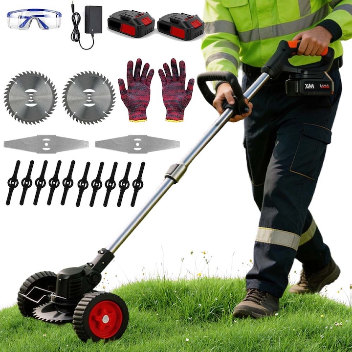 Motocoasa Electrica, 880W, 10000 RPM, Include lame rotunde, lame plate si lame din plastic, Tija Reglabila 30CM, Cu 2 21V doua baterii reincarcabile de litiu, Potrivit pentru cosirea gazonului in gradina si tunderea gardurilor vii