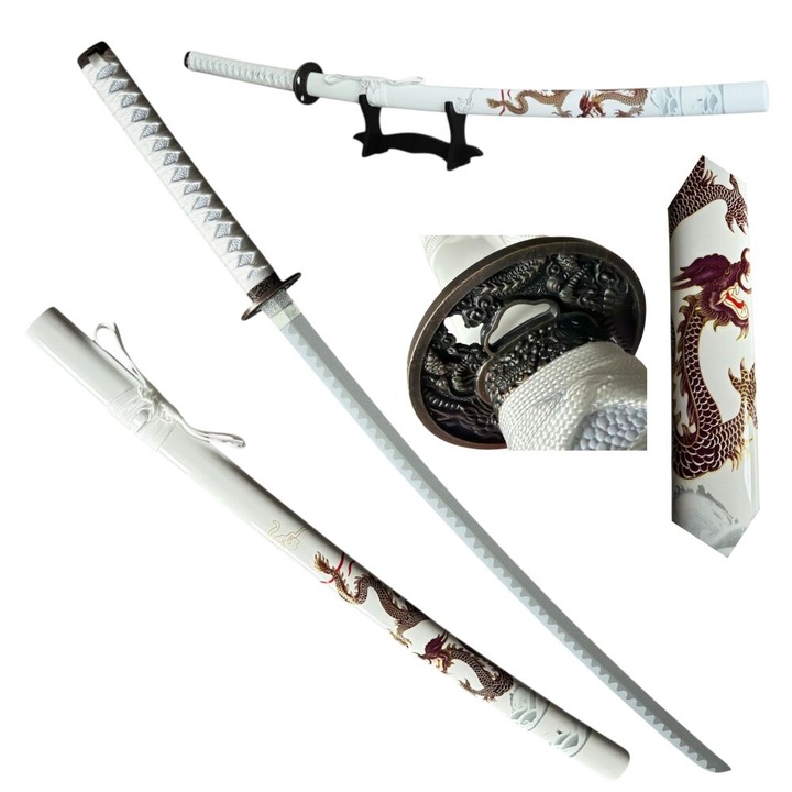 Sabie Katana cu Lama de Bambus Dragon Alb, Teaca si Suport HK1129WD, 101 cm