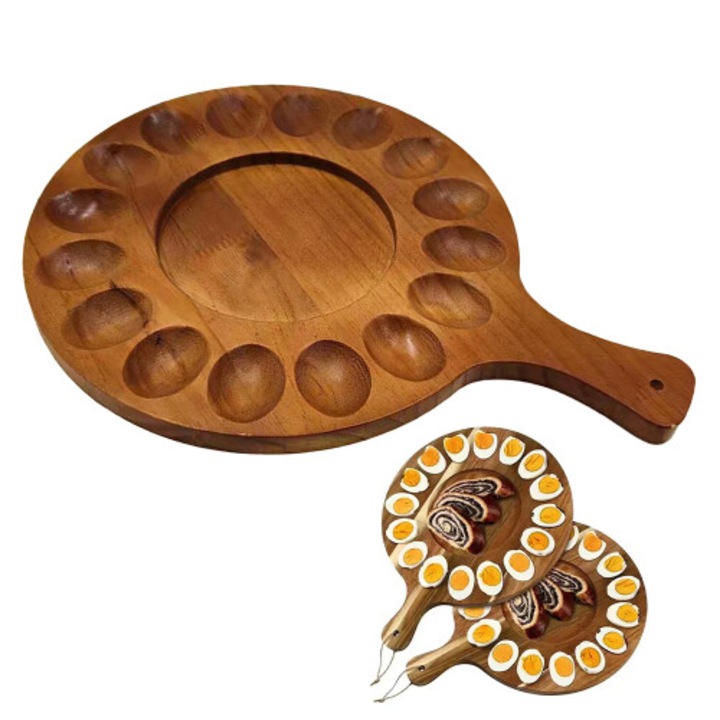 Tava servire oua reversibila lemn 24 gauri maro 40x29x1.5cm