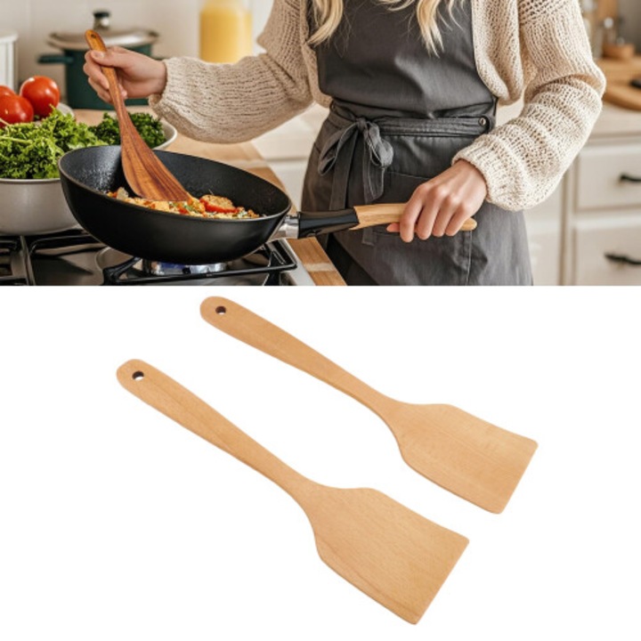 Set 2 spatule lemn fag, maner lung, lat, 30x5cm