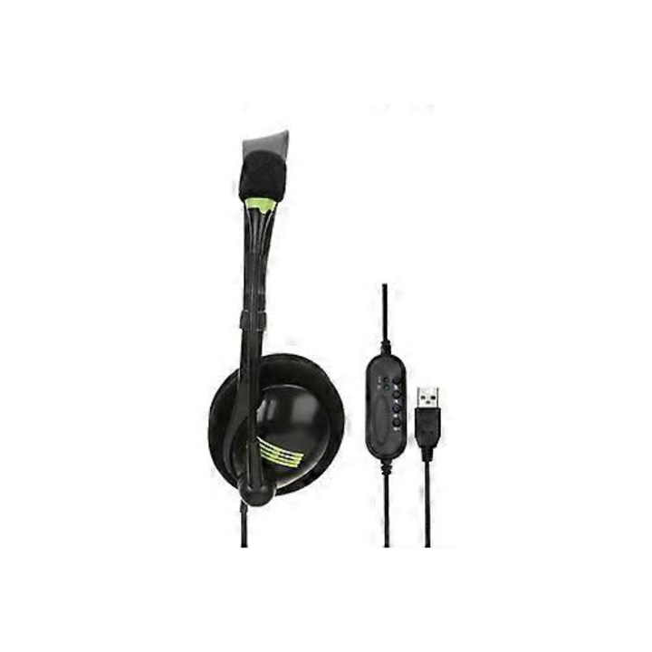 USB fejhallgató mikrofonnal, zajcsökkentés, fekete, 1.8m