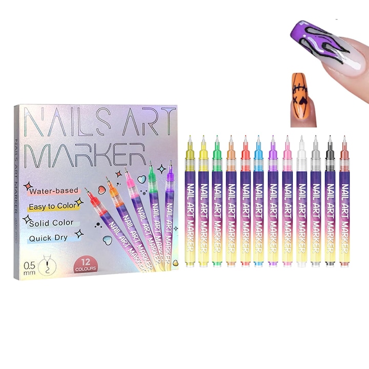 Set de pixuri pentru unghii cu 12 culori, set de pixuri pentru punctare unghii de 0, 5 mm, pixuri pentru vopsea acrilica, pixuri pentru punctare si captuseala, impermeabile si cu uscare rapida, potrivite pentru instrumente de design unghii DIY