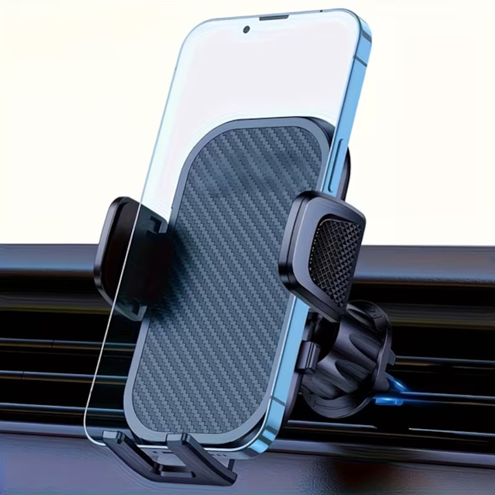 Suport telefon auto IDEAS4COMFORT cu fixare grila ventilatie, suport smartphone ventilatie rotativ 360, suport smartphone masina compatibil cu iPhone, Samsung, Huawei, suport telefon masina cu inchidere mecanica, negru