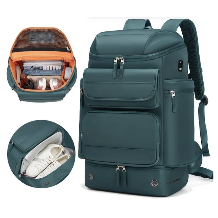 Rucsac Premium, Cracos®, verde, capacitate 30L, 55x31x20 cm, port USB, compartimente separate pentru laptop si Incaltaminte, Impermeabil, ideal pentru calatorii sau activitati zilnice