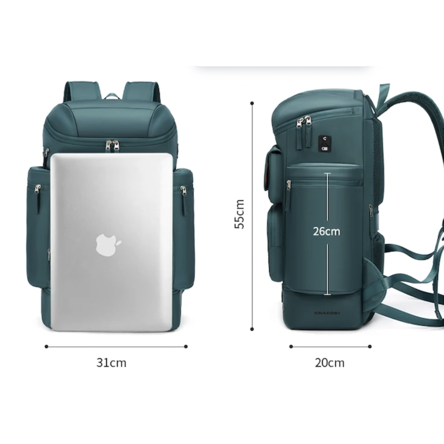 Rucsac Premium, Cracos®, verde, capacitate 30L, 55x31x20 cm, port USB, compartimente separate pentru laptop si Incaltaminte, Impermeabil, ideal pentru calatorii sau activitati zilnice