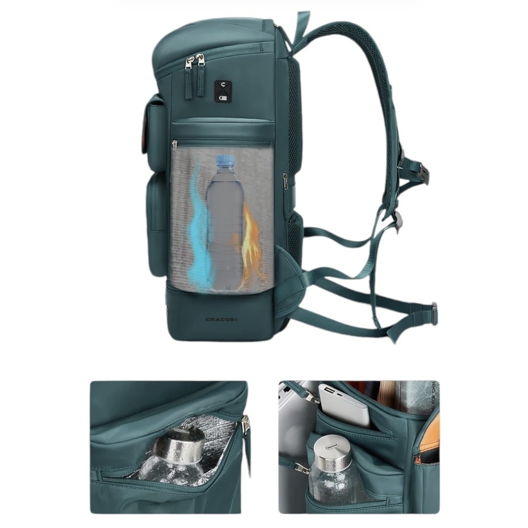 Rucsac Premium, Cracos®, verde, capacitate 30L, 55x31x20 cm, port USB, compartimente separate pentru laptop si Incaltaminte, Impermeabil, ideal pentru calatorii sau activitati zilnice