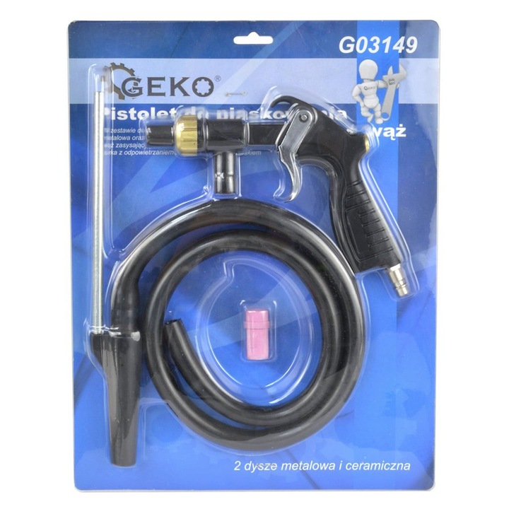 Pistol pneumatic pentru sablare, GEKO, cu 2 duze (metalica si ceramica) si furtun