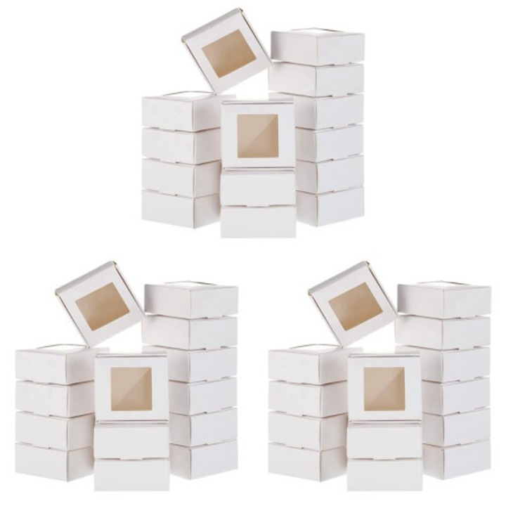 Set 150 cutii cadou hartie alb 6.5x6.5x3cm cu fereastra transparenta