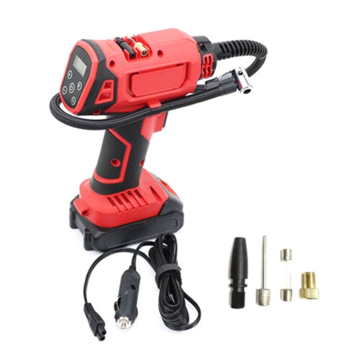 Hordozható vezeték nélküli elektromos légpumpa, 18V, digitális, LED, fekete, 1160g