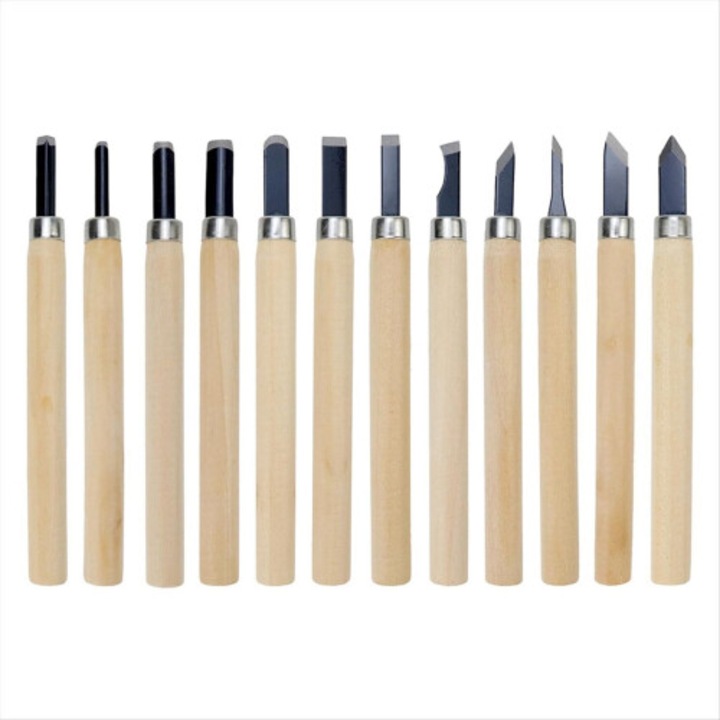 Set 12 unelte sculptura lemn, otel carbon, manere lemn, 13.2x1.08cm