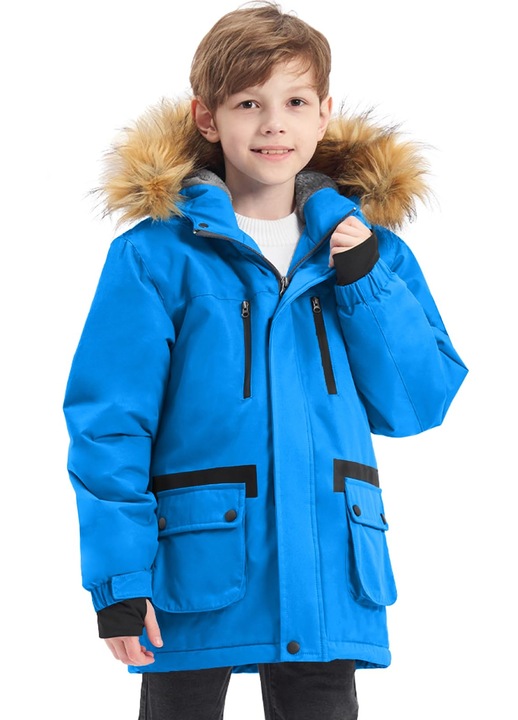 Geaca ski baieti, impermeabila cu gluga, culoare albastru, marime 160-168