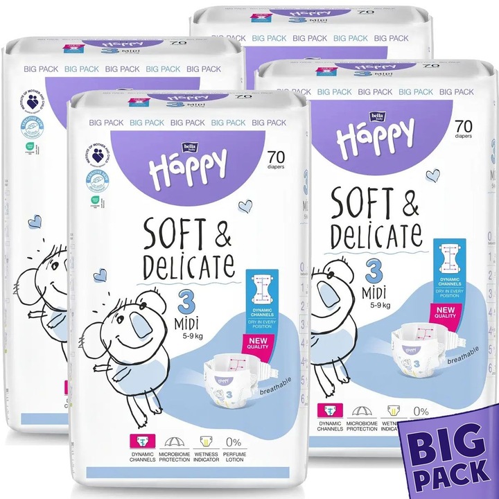 Pachet Promo Big Pack : 4 x 70 Buc * 280 Buc Scutece Bella Happy Soft & Delicate MIDI NR. 3 + 1 Pachet Servetele Umede cu Capac Baby Fin 120 Buc Cadou