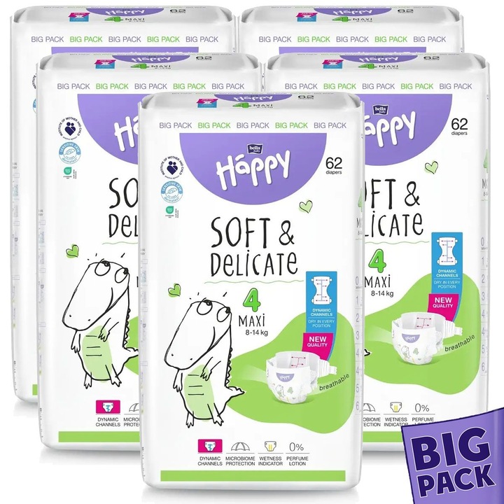 Pachet Promo Big Pack : 5 x 62 Buc *310 Buc Scutece Bella Happy Soft & Delicate MAXI NR. 4 + 1 Pachet Servetele Umede cu Capac Baby Fin 120 Buc Cadou