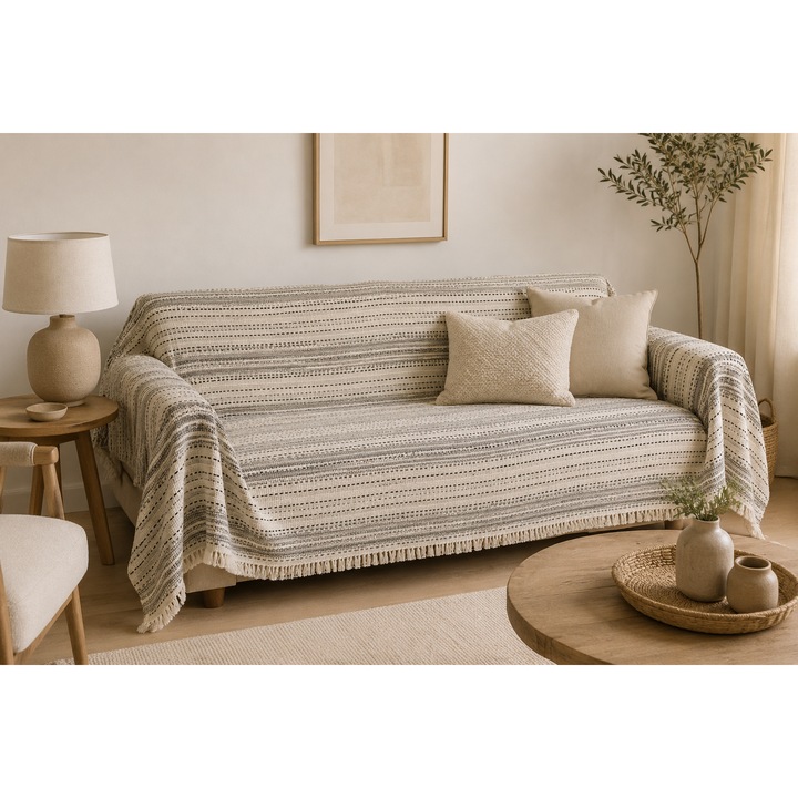 Cuvertura decorativa pentru canapea 3 locuri 283x183cm– Ecru cu dungi decorative, lifestyle premium, minimalist warm home