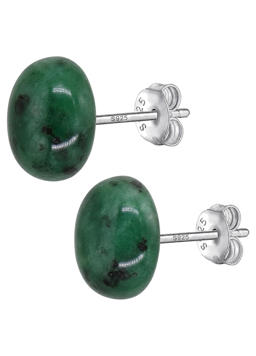 Cercei ovali din argint 925 cu cabochon Jad African Dark 10x8 mm, prindere fluturas