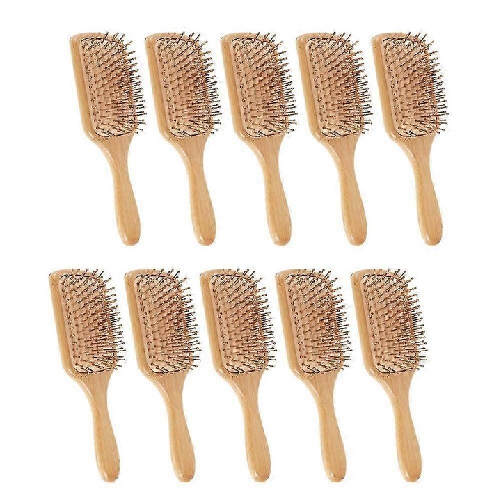 Set 10 perii de par din bambus, masaj scalp, antistatic, 8.5x24.5cm, culoare lemn
