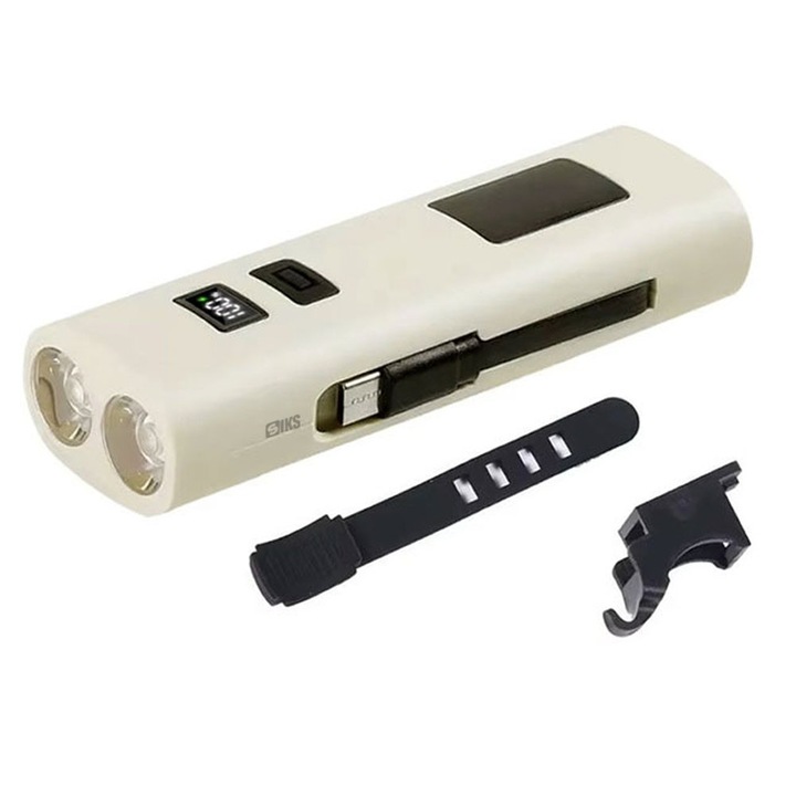 SIKS kerékpár első lámpa, LED, újratölthető 3000 mAh, 6 világítási mód, első fényszóró és piros hátsó lámpa, SOS, külső akkumulátor funkció, Type-C és Lightning kábel mellékelve, rögzítő tartozékok, Z-818, bézs