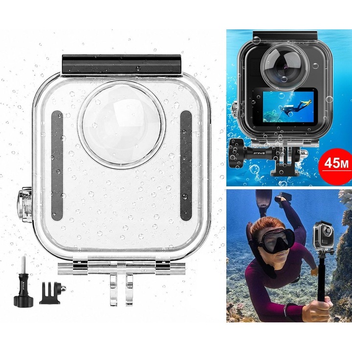 PULUZ PU1098T víz alatti tok GoPro MAX 2 kamerához, 45 méterig vízálló, búvárkodáshoz, védő, átlátszó, 15 darabos készlet, PC, 304 rozsdamentes acél, edzett üveg, páramentesítő