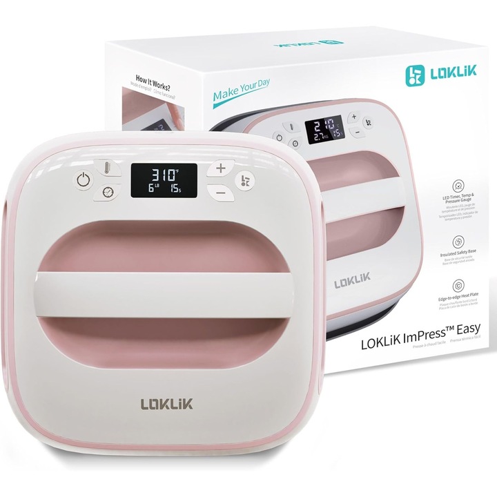 Presa termica compacta LOKLIK Easy Heat Press, roz, pentru textile, tricouri si accesorii