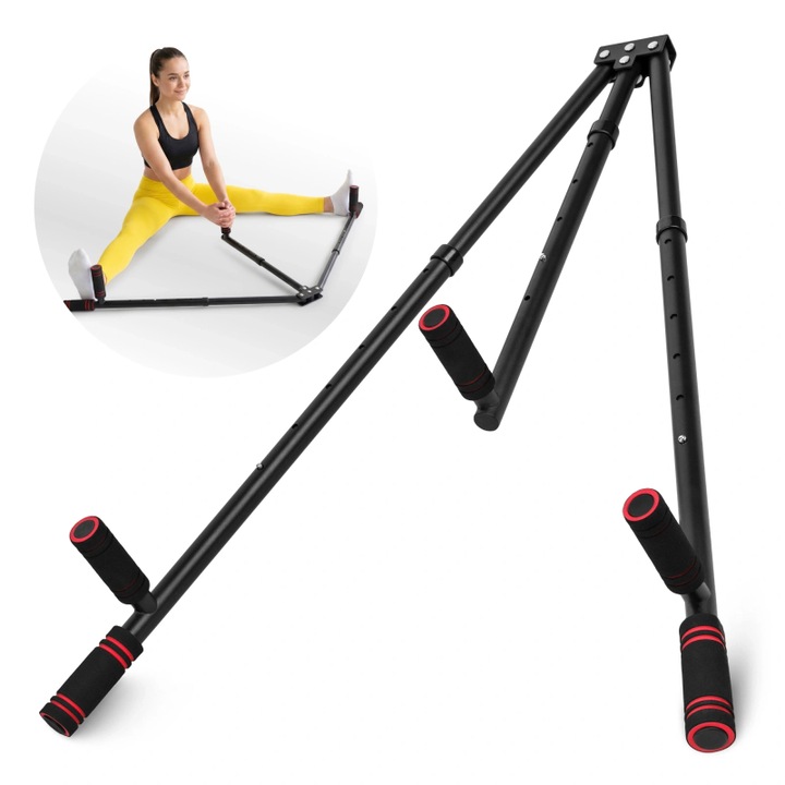 Aparat pentru intinderea picioarelor, 4FIZJO, V-Type, dispozitiv pentru spagat, stretching muschi si tendoane, mobilitate solduri si bazin, reglare 6 trepte 82-106 cm, pentru dans, arte martiale, gimnastica, sportivi, negru-rosu
