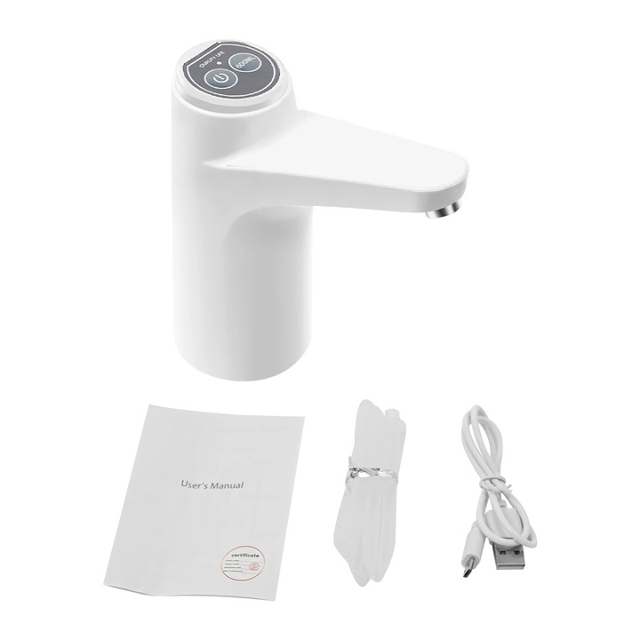 Vízadagoló, USB elektromos pumpa, Automata, Hordozható, Érintőgombos, USB töltés, 1,2 l, Fehér