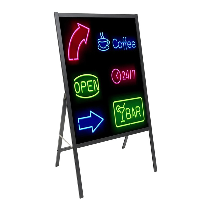 LED табло за съобщения, Меню табло на стойка, Закалено стъкло, 60x80 см, 8 флуоресцентни маркера, Черно