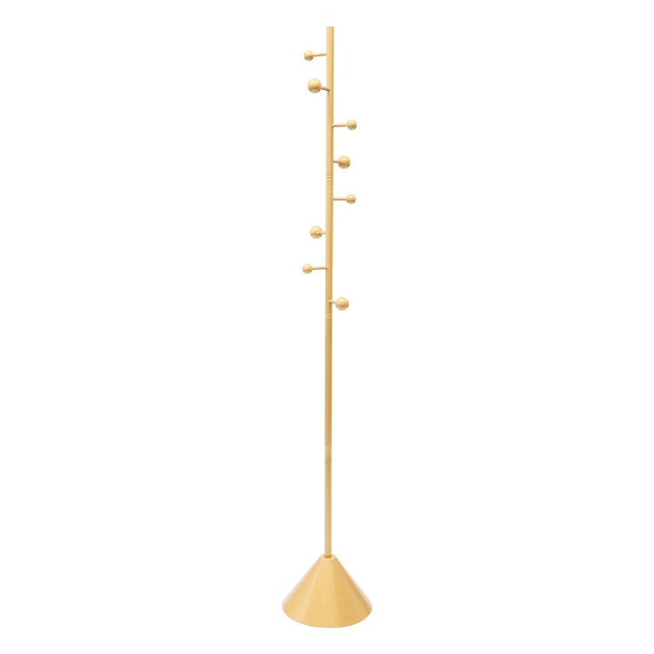 Cuier de podea, suport haine, Metal, 8 carlige, 28 x 170 cm, Asamblare necesara, Galben