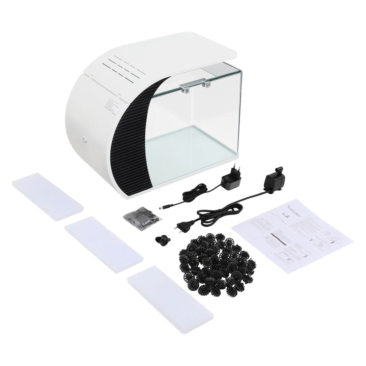 Acvariu 19 l, Model de birou din sticla, Iluminare LED, Pompa, 220–240 V, Alb
