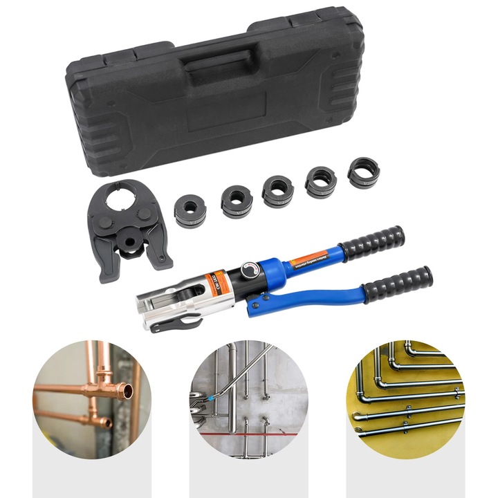 Cleste hidraulic de sertizat pentru tevi de cupru, Unealta de sertizare, Forta 10 t, 5 bacuri, Otel si aluminiu, Negru