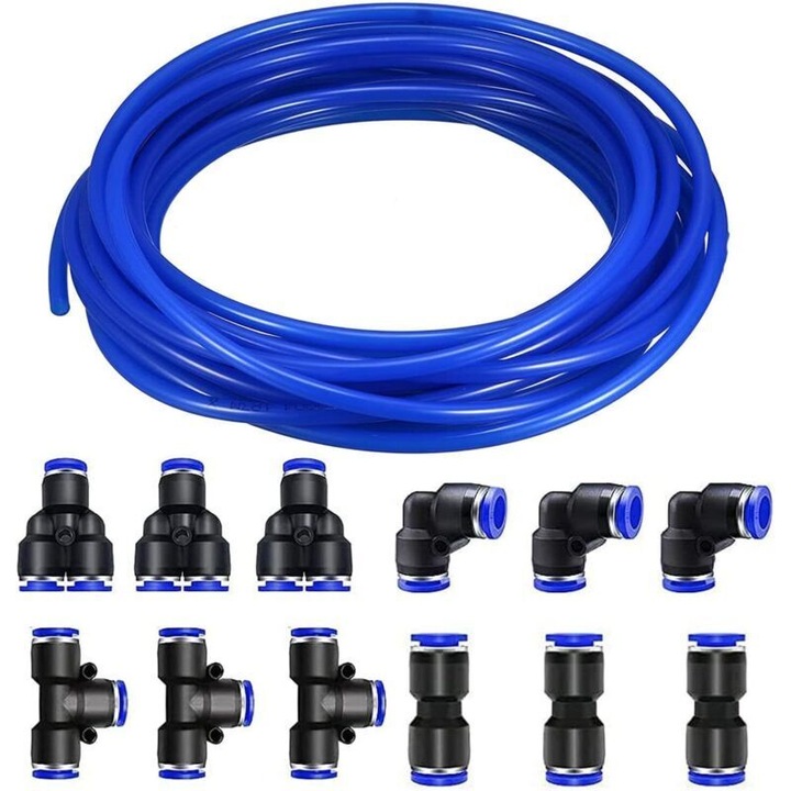 Set accesorii pneumatice 12 piese, furtun PU 10m, transparent, 4x2.5mm