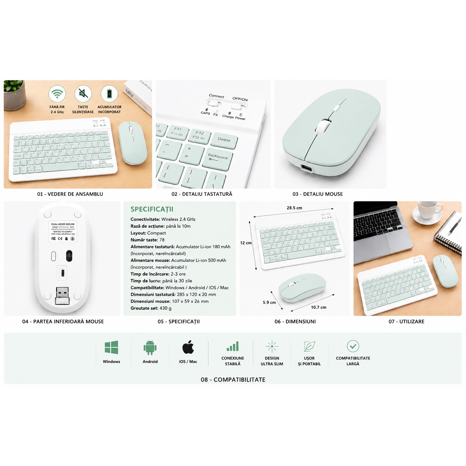 Kit Tastatura + Mouse Wireless Bluetooth Sigloo®, compatibil cu orice tableta, smartphone, laptop, Tv, calculator, Slim, Silentios, Multi-Device (iOS/Android/Windows), Verde
