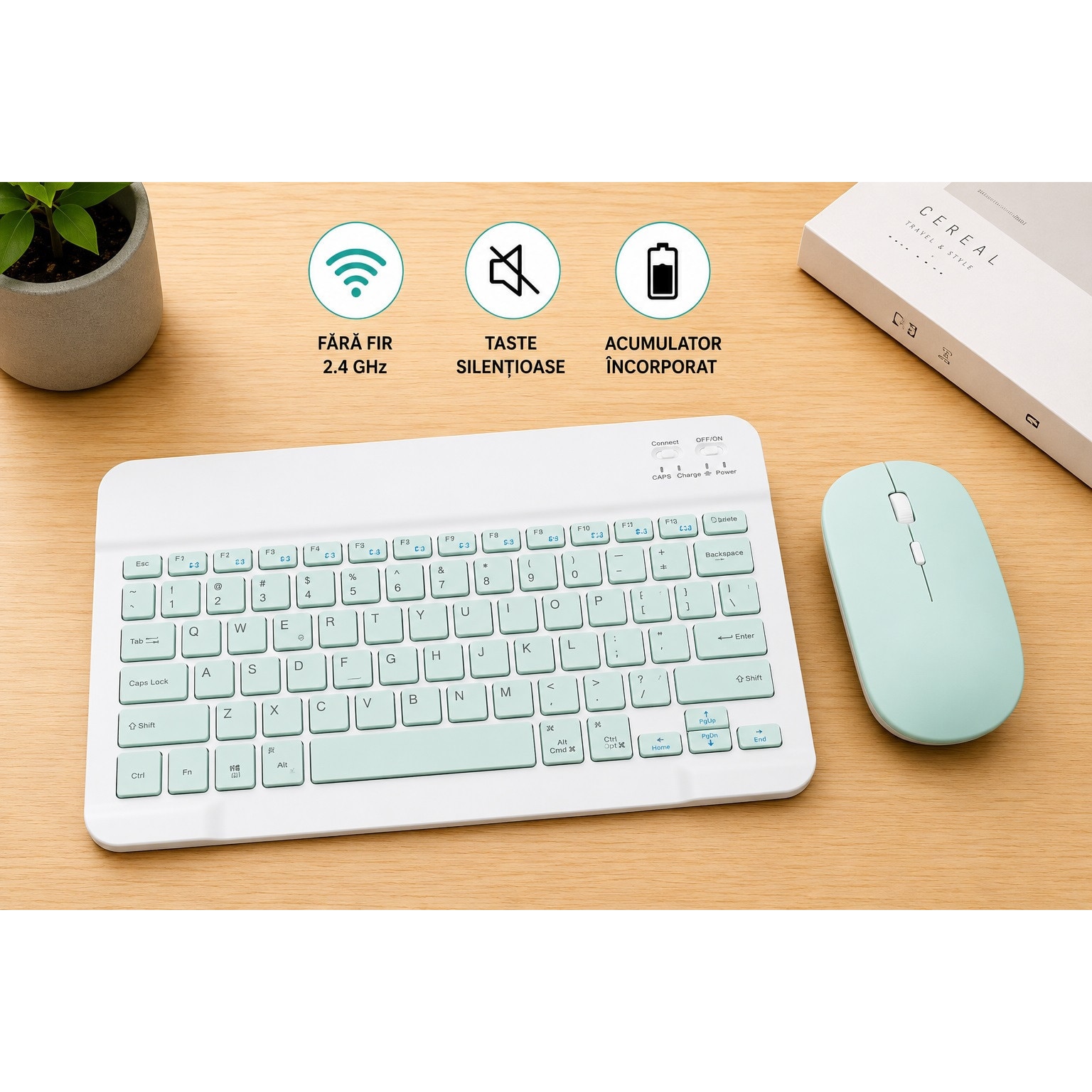 Kit Tastatura + Mouse Wireless Bluetooth Sigloo®, compatibil cu orice tableta, smartphone, laptop, Tv, calculator, Slim, Silentios, Multi-Device (iOS/Android/Windows), Verde