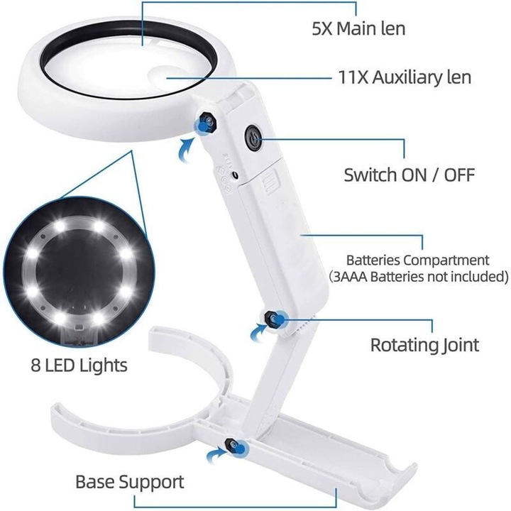 Lupa de mana cu suport pliabil, 5X 11X, iluminare LED, 193x90x26mm