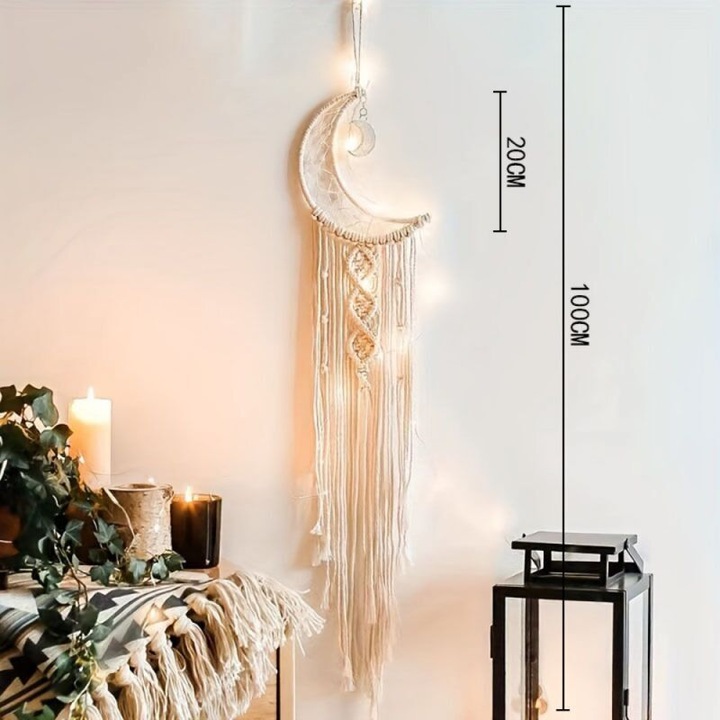 Decoratiune perete macrame, model luna, bej, 40x60cm
