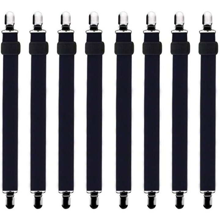 8 db állítható lepedőcsipesz készlet, fém és nylon, fekete, 2.5x20-55cm