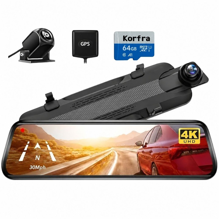 Kamera Autó Visszapillantó tükör 10″ Full HD 4K, Kettős lencse, G-szenzor, Wi-Fi, 64GB SD memóriakártya mellékelve, Éjjellátó, 24 órás felügyelet - ideális védelemhez és kényelemhez