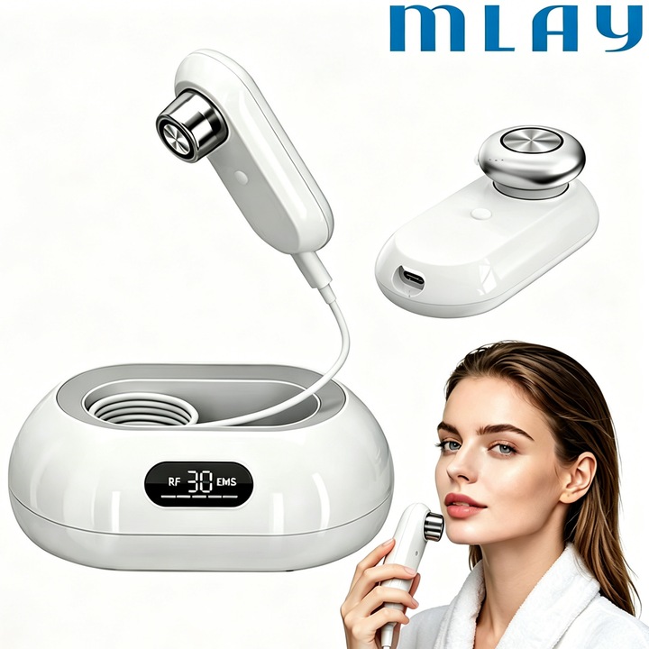 Aparat Pentru Tratament Facial Si Intinerirea Pielii, Mlay® RF02 Profesional, Aparat de radiofrecventa cu Modul RF+EMS, Lifting Facial, Anti-Imbatranire, Ingrijirea Porilor, Masaj facial, Alb