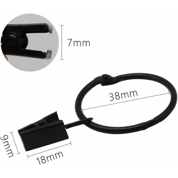 Set 20 cleme metalice pentru perdele, 38mm, negru