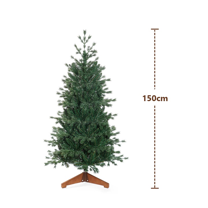 Műfenyő, Realisztikus modell 210 cm (2,1 m), 1186 ág, PE+PVC mix ágak, Összecsukható fém állvány & fa talp, Fények nélkül, Zöld