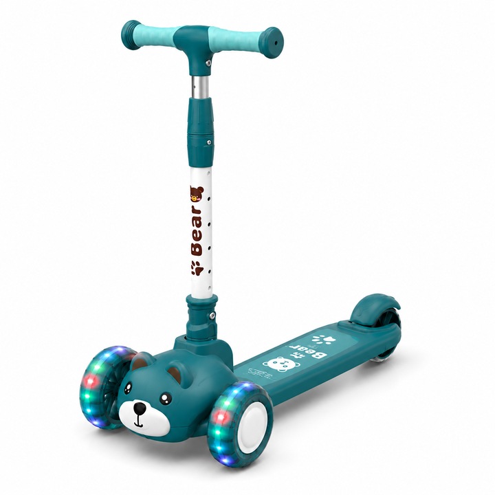 Összecsukható roller PinkBlue, 3 LED-es kerékkel, állítható kormánnyal, maci mintával, türkiz zöld, 3-8 év