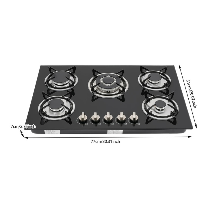 Plita pe gaz natural, Plita incorporabila, 5 arzatoare, Sticla securizata, Protectie oprire flacara, 77x51x7 cm, Racord gaz 20 mm