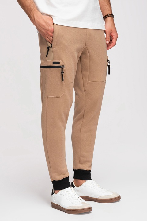 OMBRE, Pantaloni de trening cu croiala slim-fit si snur in talie, Bej inchis, S