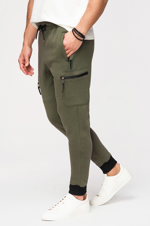 OMBRE, Pantaloni de trening cu croiala slim-fit si snur in talie, Verde masliniu inchis, S