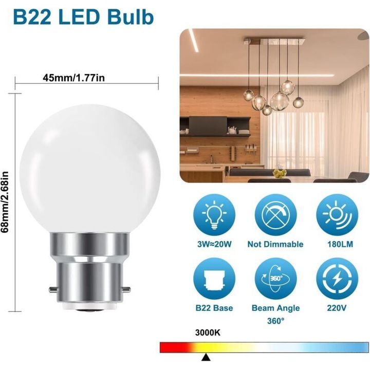 Bec LED B22 mini golf 3W 280lm meleg fehér 3000K szett 10 db